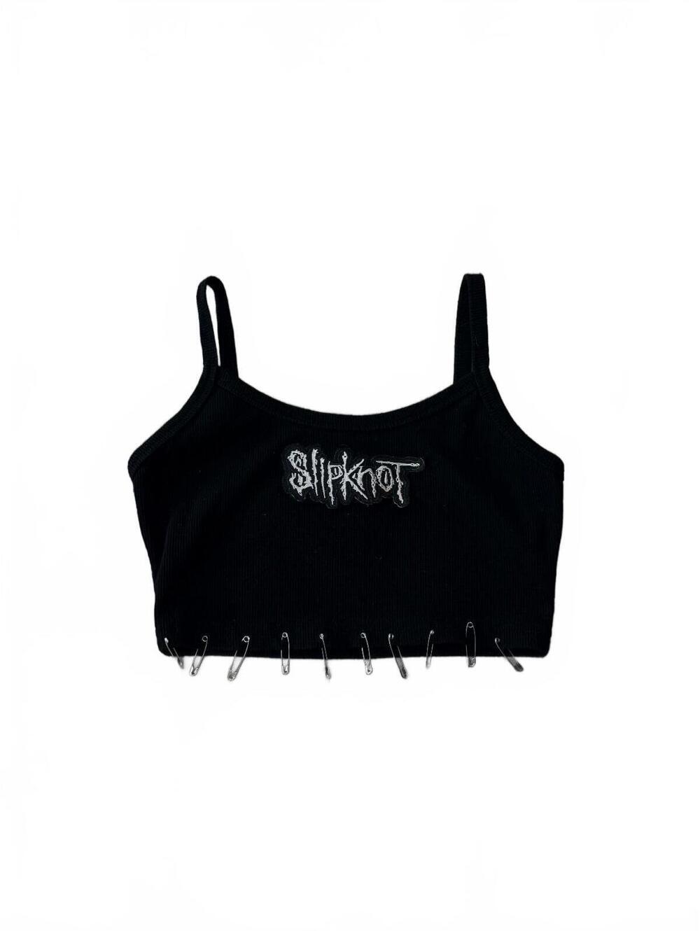 Slipknot Black Crop Top with Safety Pin Detail - Y2K Grunge Streetwear